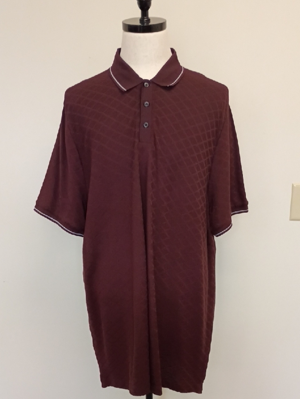Perry Ellis Burgundy Textured Polo Shirt Contrast Trim Short Sleeve Size XXL